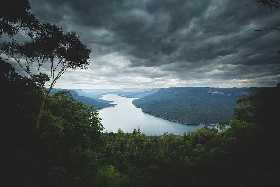 mountain, highland, valley, trees, plants, nature, landscape,lake, water, dark, clouds