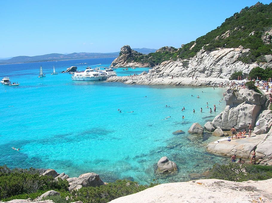 orang-orang, berenang, pantai, Sardinia, Spread, Laut, cerah, batu-objek, biru, tujuan perjalanan