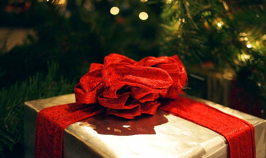 merah, abu-abu, kotak hadiah, pohon natal, tutup, foto, coklat, hadiah, busur, pita