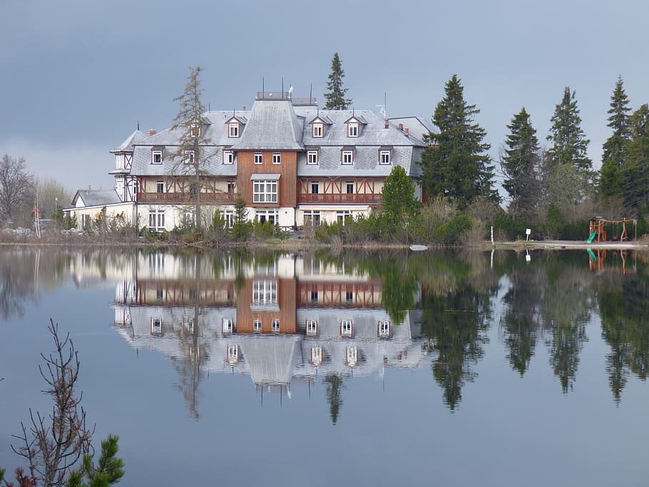 House, Lake, Reflection, Water, Slovakia, nature, vysoké tatry, building exterior, standing water, day