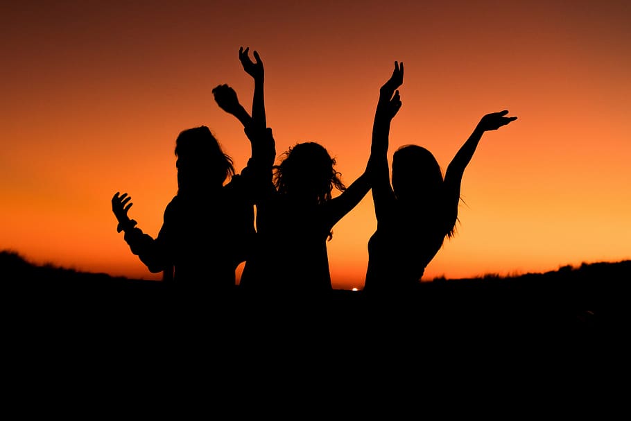 silhouette, three, persons, sunset, orange, sky, people, girls, women, happy