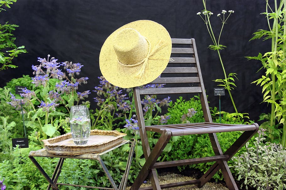 beige, sun hat, brown, wooden, chair, glass, hat, garden, beautiful, fashion