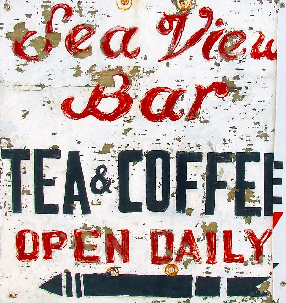 Blanco, junta, mostrando, vista al mar, signo, café, viejo cartel, resistido, restaurante, retro
