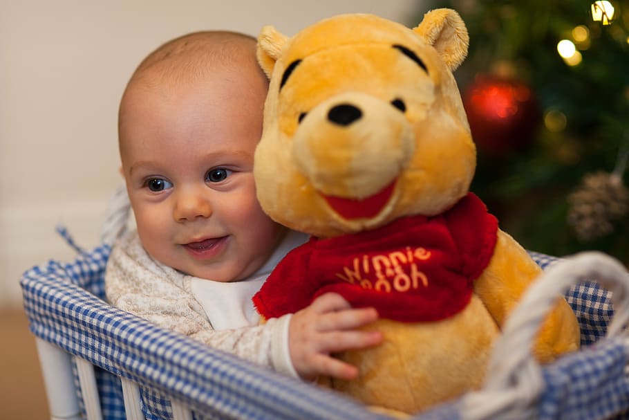 child, holding, winnie, pooh, plush, toy, baby, boy, christmas, cute