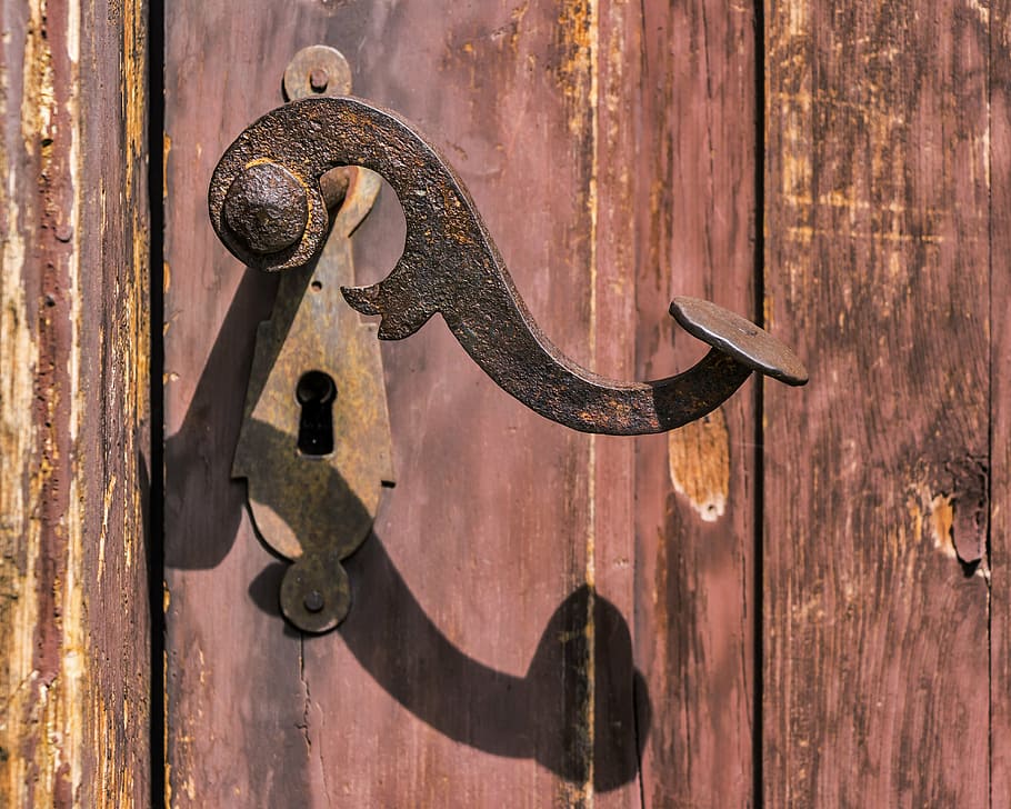 black, door lever, keyhole, handle, rusty, old, lock, rust, iron, entrance