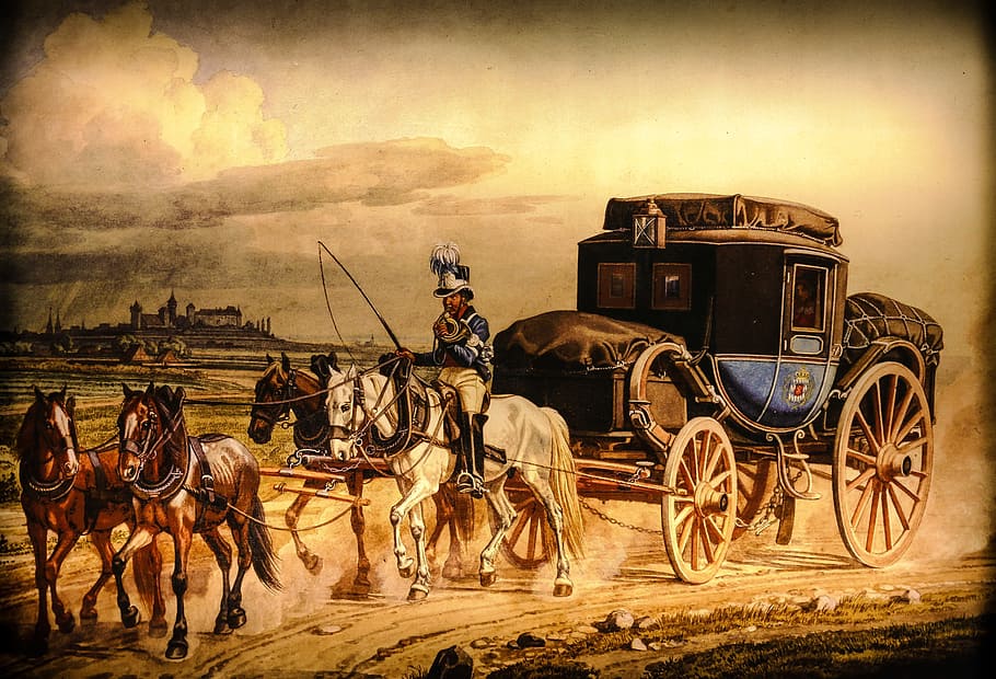 man, riding, horse carriage, painting, nuremberg, middle ages, stagecoach, coach, horses, nostalgia