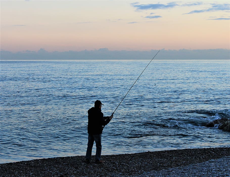 sunset, fishing, fishing rod, sea, pebble, cloud, sky at sunset, start of line, rocks, fisherman