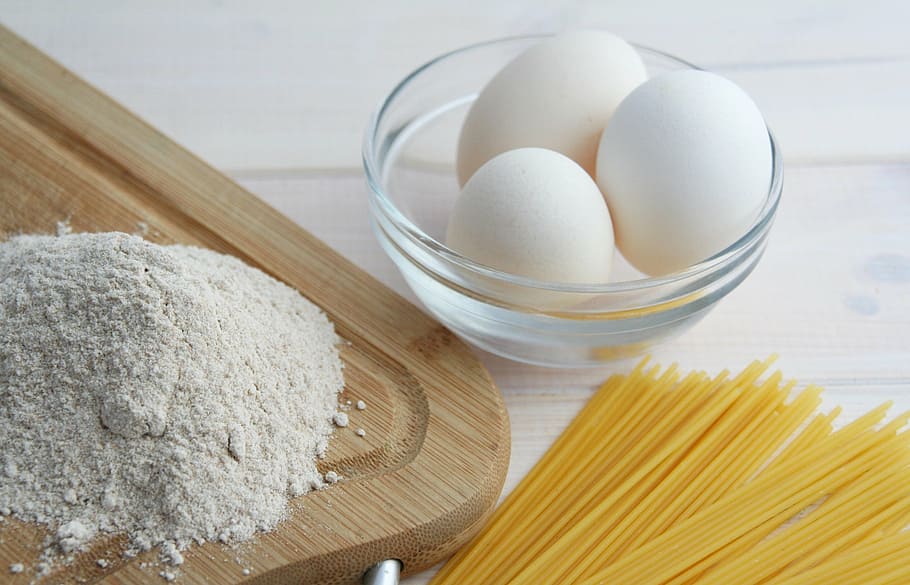 three, white, eggs, glass bowl, kitchen, eating, food, pasta, spaghetti, flour
