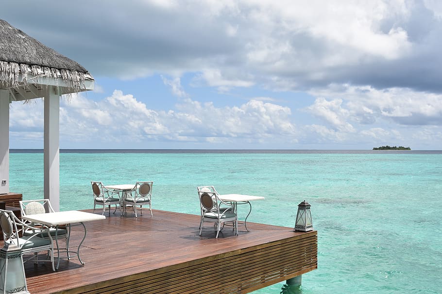 maldives, resort, holiday, beach, island, sea, sky, chair, water, cloud - sky