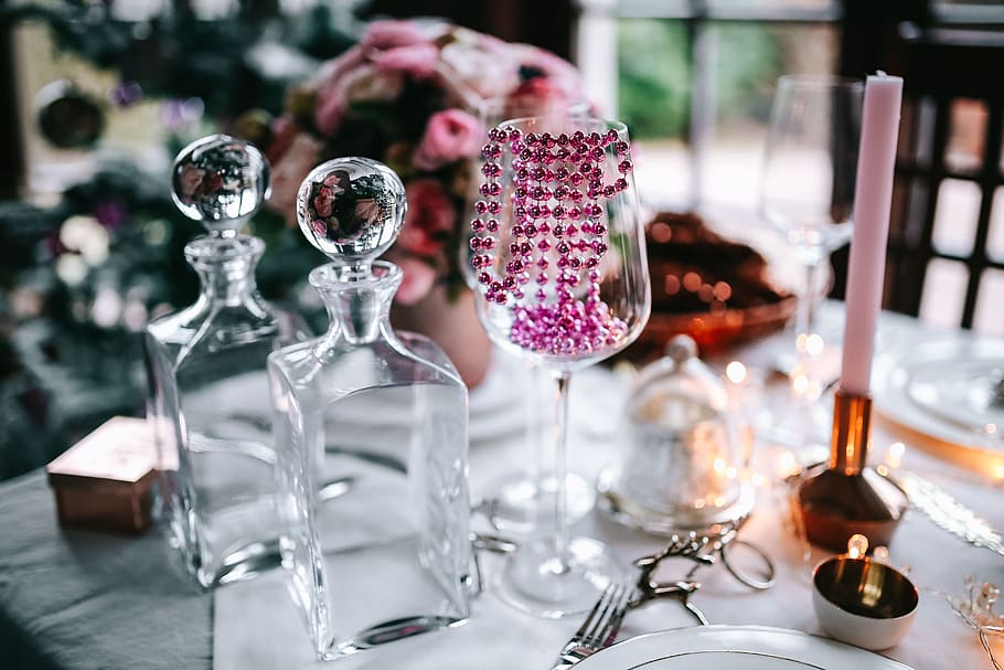 table, decorations, table set, pink, holiday, glamour, xmas, Christmas, transparent, glass - material