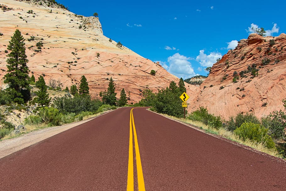 road, travel, sky, nature, outdoors, zion, utah, national park, the way forward, direction