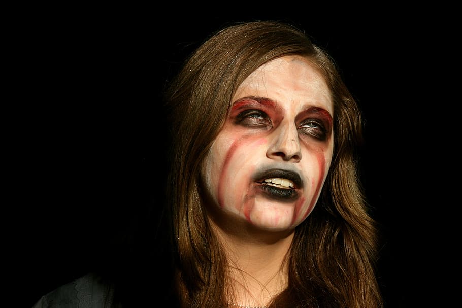 woman, wearing, red, white, makeup, Horror, Halloween, Girl, Ghost, Fear