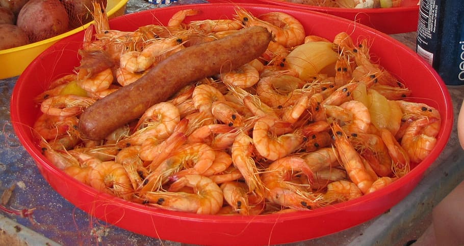 Crawfish, Shrimps, Prawns, Fried, sausage, bowl, food, seafood, food And Drink, vegetable