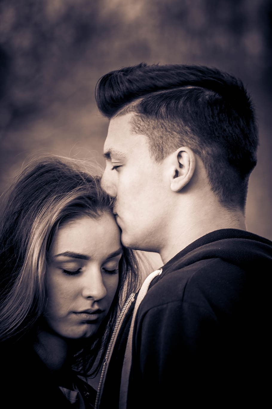 man, kissing, forehead, woman photography, woman, photography, portrait, couple, beauty, black and white
