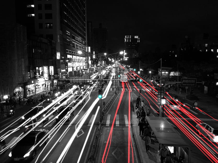 timelapse photography, city, mansion, wikiproject taiwan, taipei, black and white, night view, bus station, illuminated, transportation