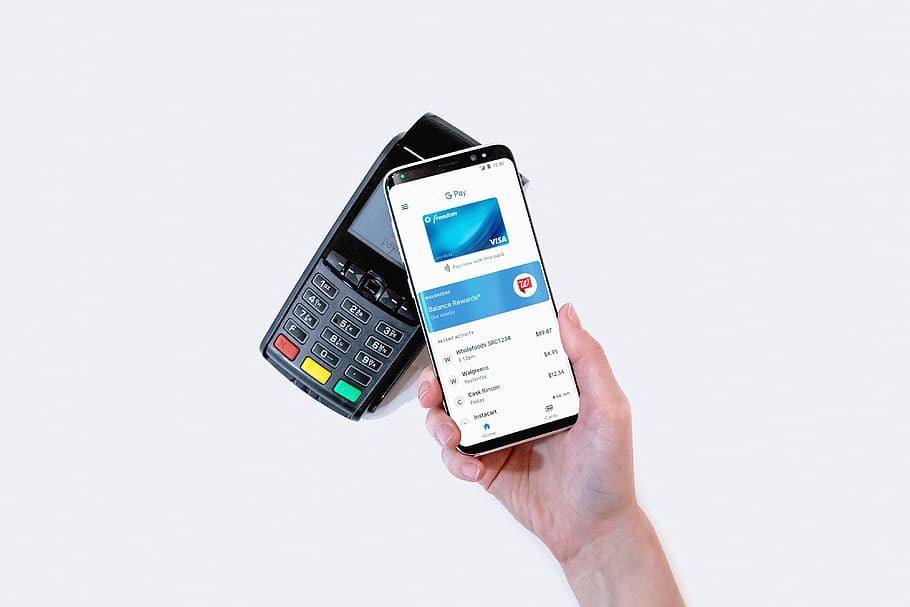 Hand, smartphone, making, payment, Pay, terminal, white, background, app, apple pay