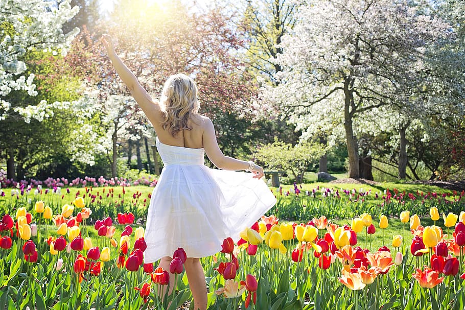 woman, wearing, tube dress, walking, flower field photograph, spring, tulips, pretty woman, young woman, flowers