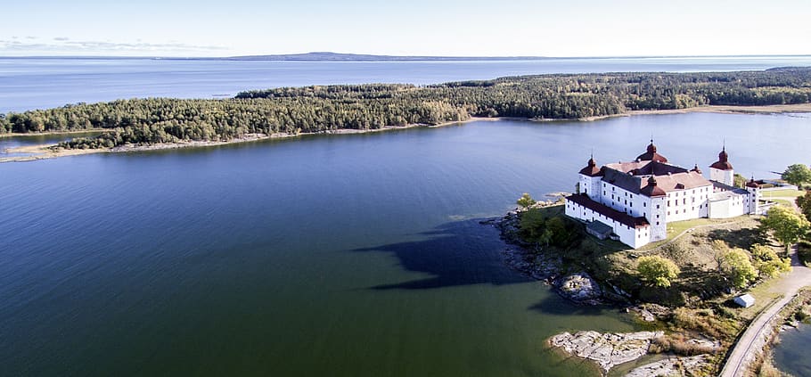 castle, vänern, kinnekulle, the use of drones, lake, lidköping, water, forest, nature, architecture