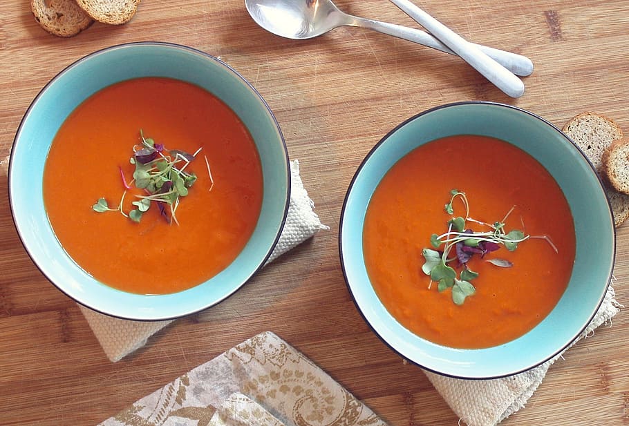 two, bowls, tomato garnished soup, soup, tomato, healthy, homemade, vegetarian, lunch, fresh