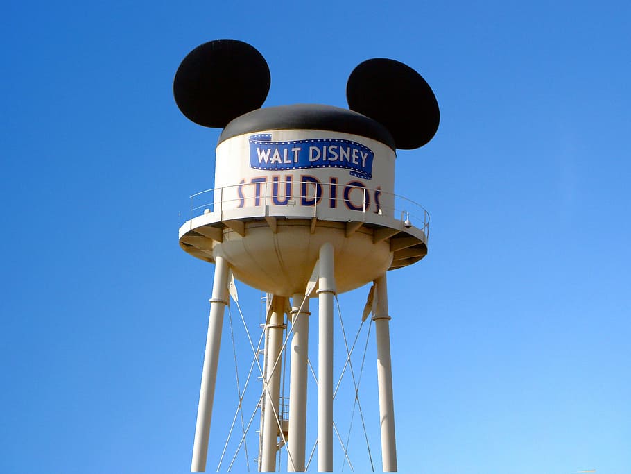 disney, disney studios, water tower, water Tower - Storage Tank, blue, sky, communication, low angle view, clear sky, text