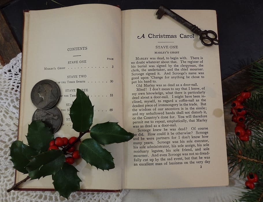 christmas carol book page, christmas, holly, antique, book, publication, text, plant, western script, flower