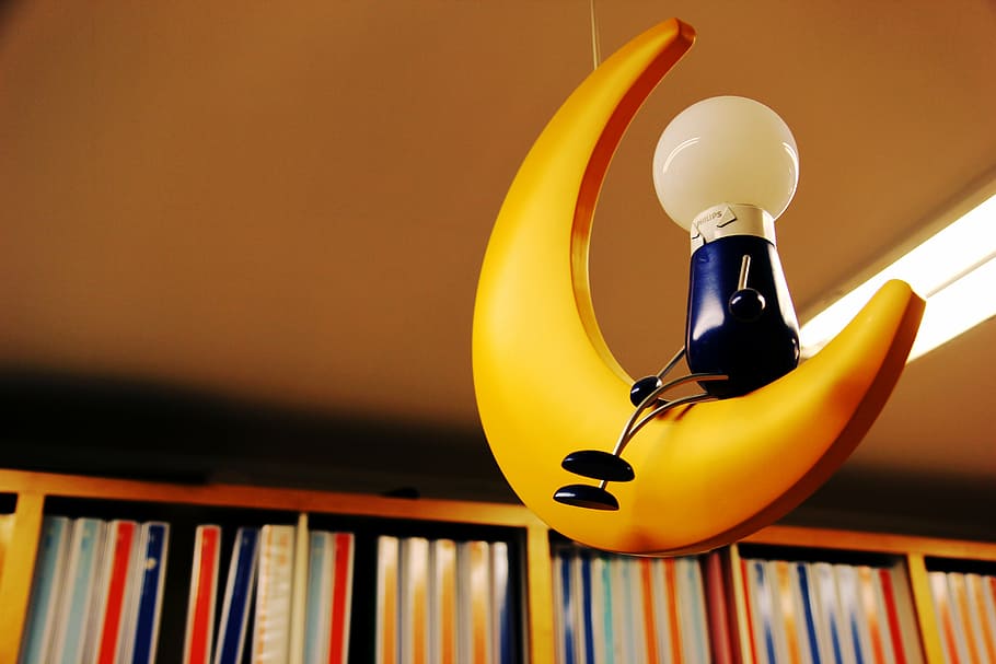 crescent moon light bulb, moon, light bulb, ideas, bookcase, yellow, book, plastic, ornament, lighting
