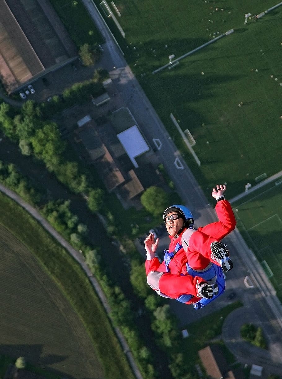 foto de la vista superior, hombre, rojo, superior, paracaidismo, extremo, deporte, aventura, personas, deporte extremo
