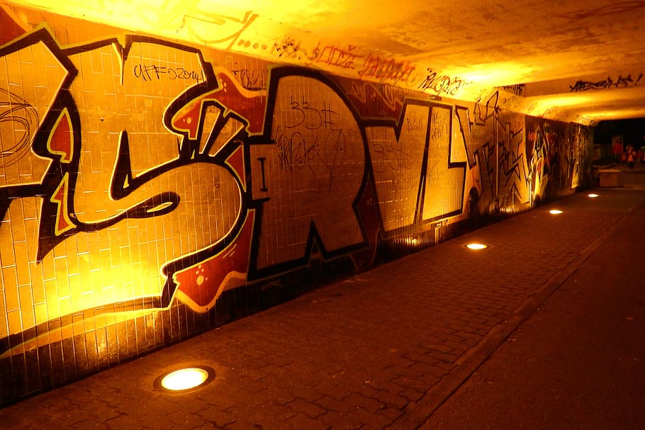 Grafite, Noite, Rua, Metrô, rua noturna, grafite na parede, iluminado, cidade, ninguém, ao ar livre