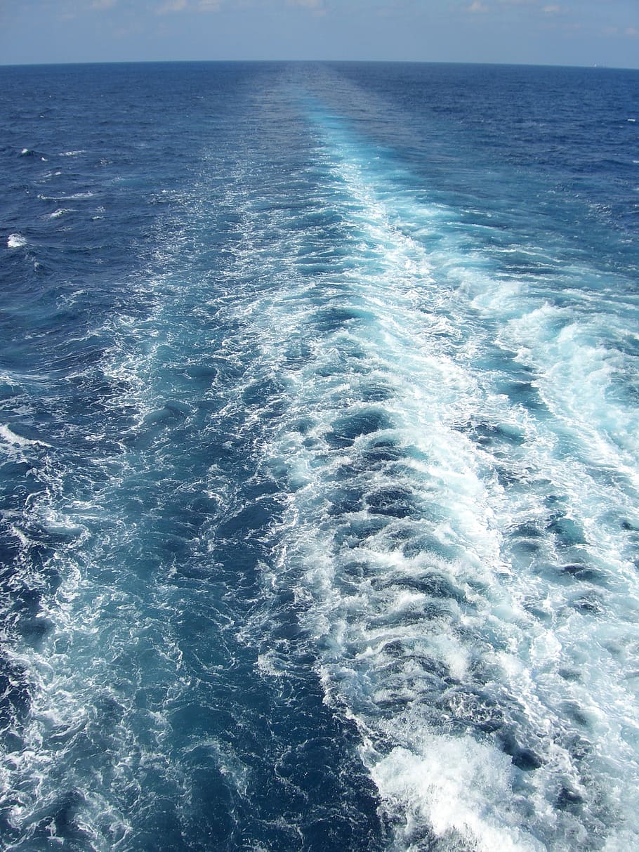 water, ocean, wake, wave, blue, sea, surf, nature, outdoor, ship