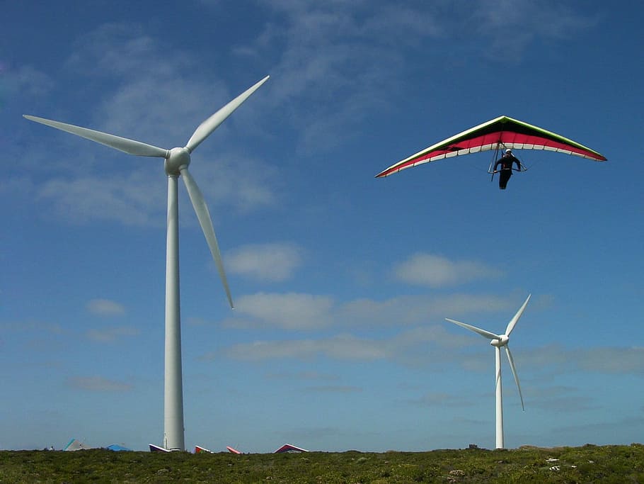 man, riding, kite, view, two, wind turbines, Hang Glider, Fly, Wind Power, wind