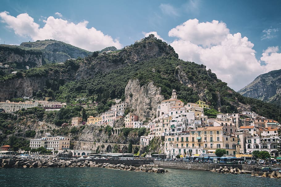 seaside, town, amalfi, sits, seaside town, Amalfi Coast, Italy, nature, beach, clouds