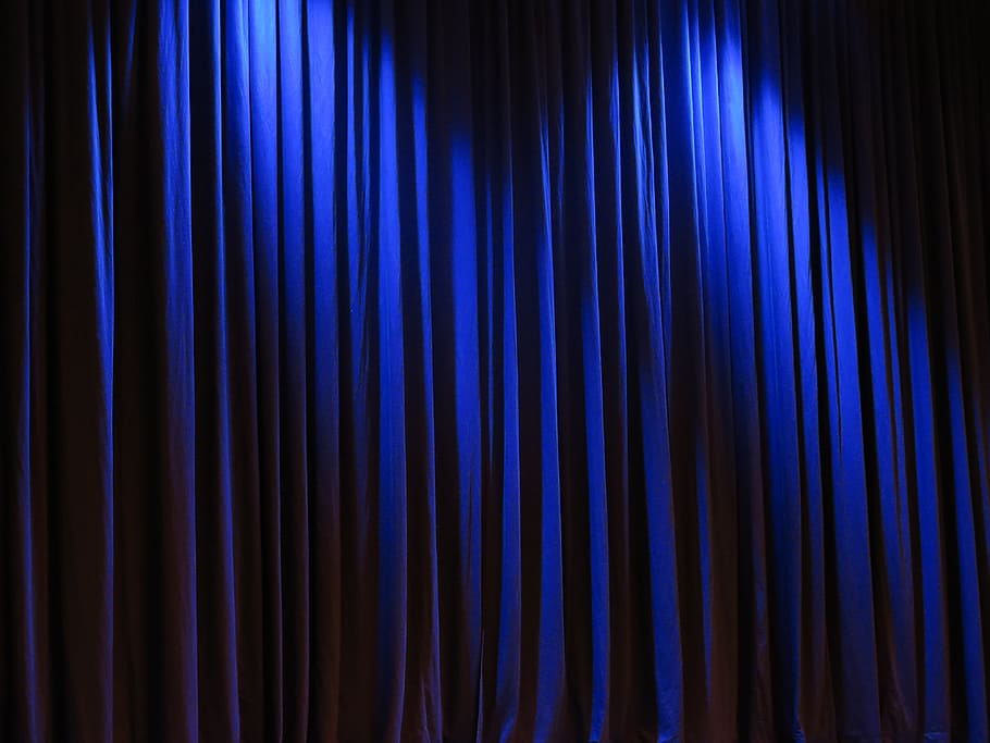 closeup, blue, silk curtain, curtain, theater, velvet, blue vorührung, stage, occurs, fabric