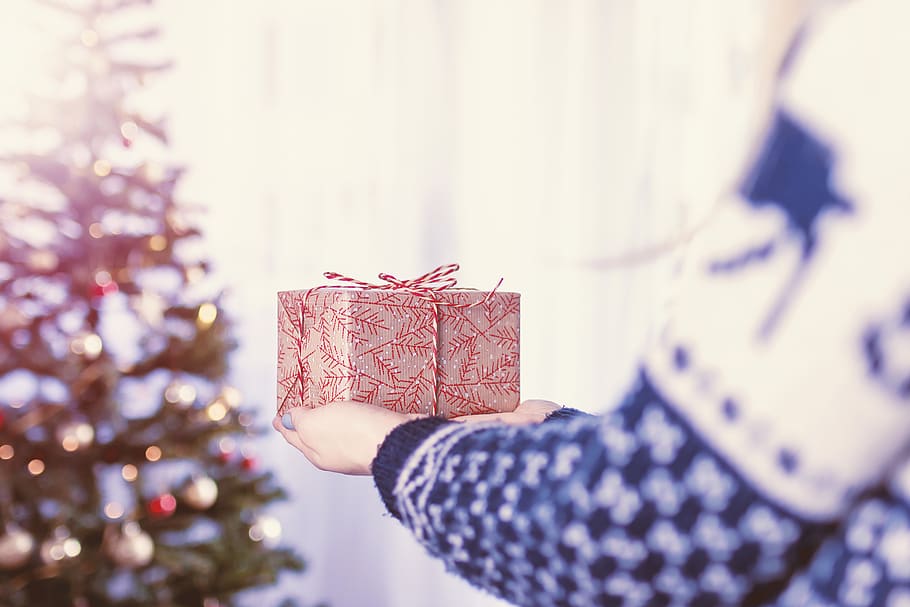 presente, regalo, arco, caja, navidad, luces, árbol de navidad, decoración, vacaciones, en el interior