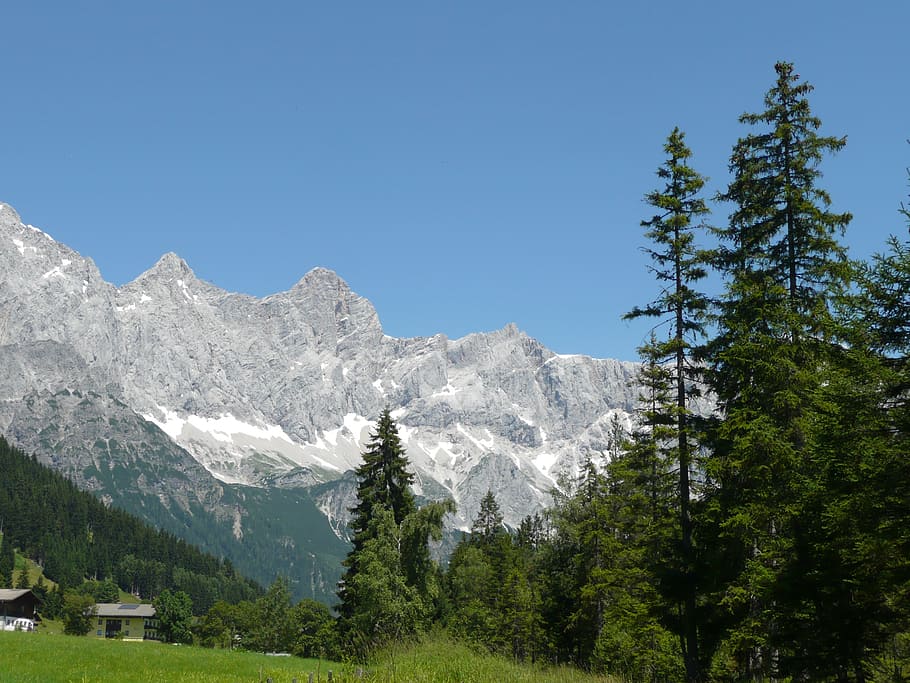 dachstein, pegunungan, austria, eropa, lanskap, alam, pohon, hijau, biru, langit