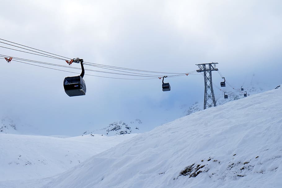 salju, musim dingin, dingin, gunung, lift, resor ski, pemain ski, lereng ski, papan seluncur salju, sölden
