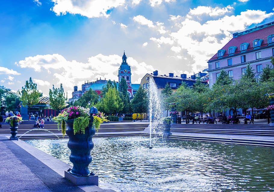 stockholm, sweden, park, fountain, architecture, gamla, stan, europe, landscape, old