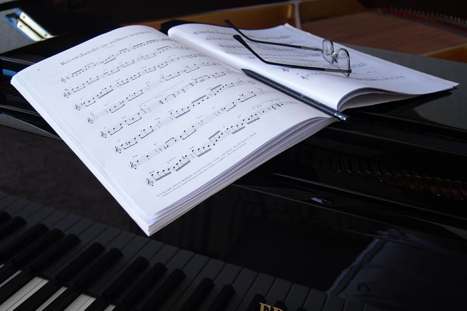 music sheet, glasses, piano, grand piano, book, black, pencil, black pencil, note, music note