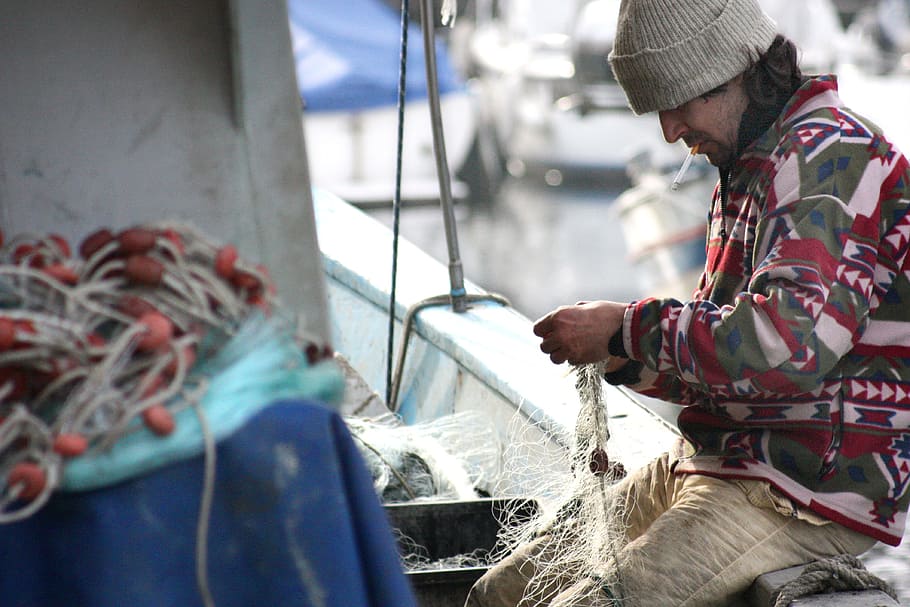 photography, man, wearing, red, brown, sweater, fisherman, network, boat, sea