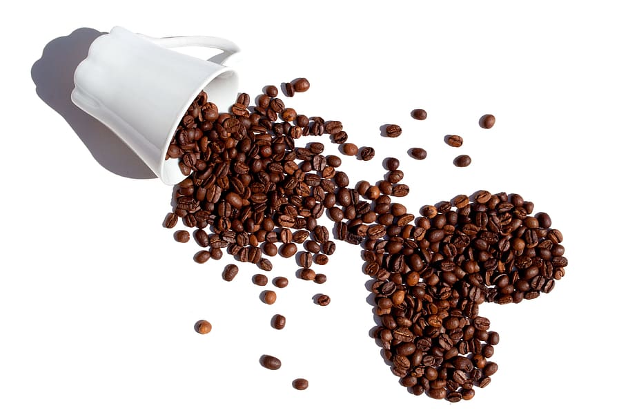 white, ceramic, mug, Coffee, Beans, Coffee Beans, Isolated, coffee, beans, white color, isolated on white