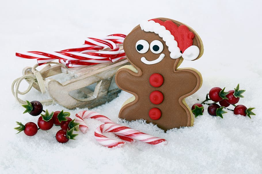 brown, cookie, candy, cherry, gingerbread man, gingerbread, christmas, slide, candy canes, snow