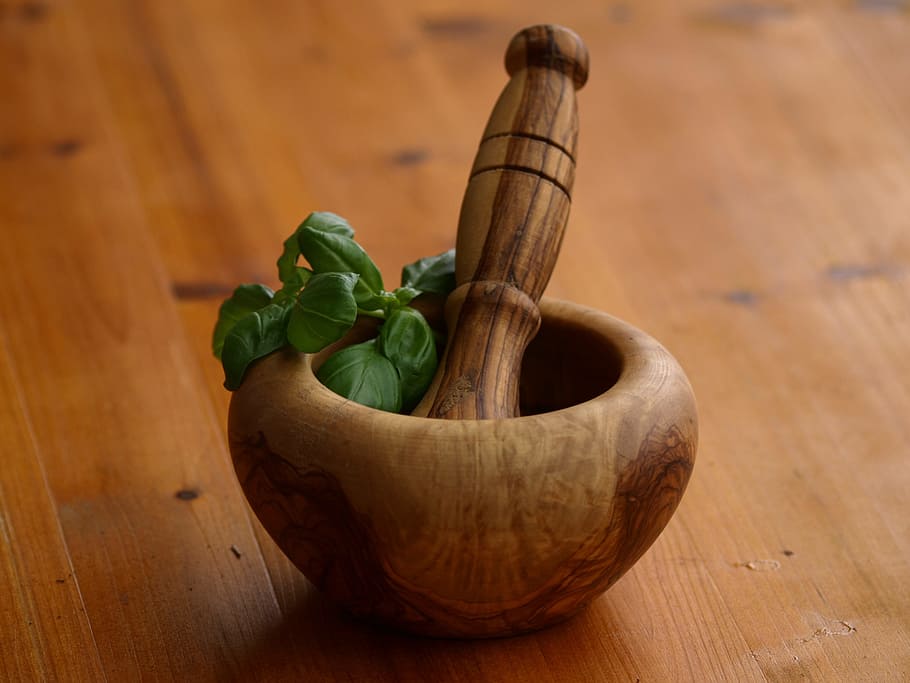 green, herb, brown, wooden, mortar, pestle, mortar and pestle, plunger, herbs, crush