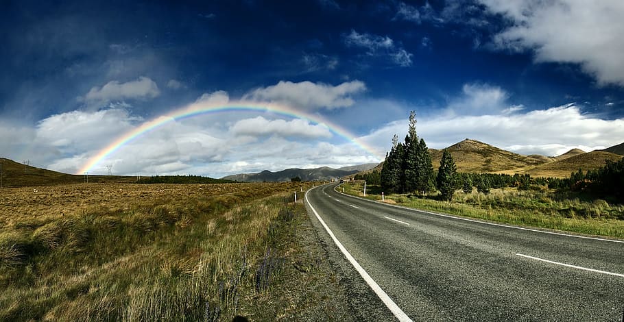 road, greenfield, cloudy, daytime, rainbow background, roadway, beautiful landscape, country road, countryside, blue sky