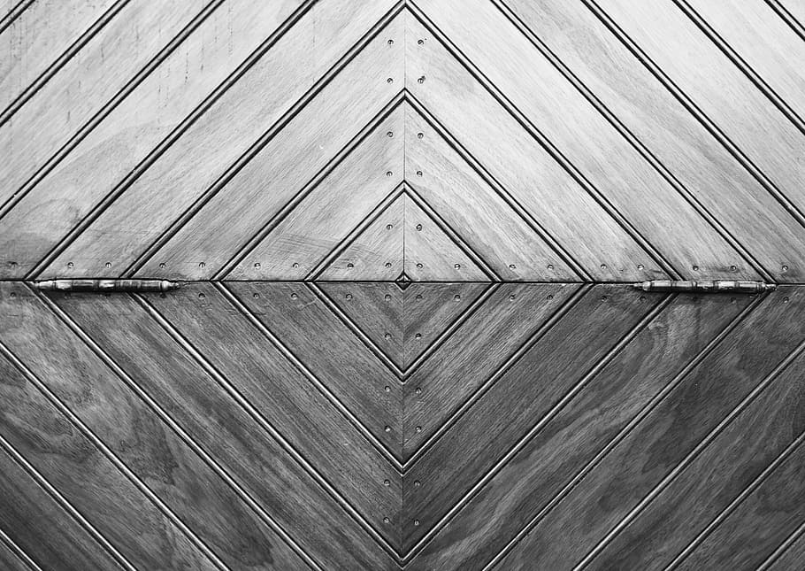 grayscale photo, door, wood, texture, symmetry, pattern, wooden, design, rectangular, old