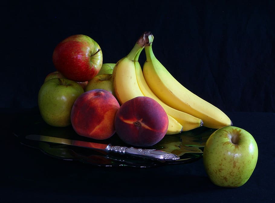 fruits, top, black, table, on top, fruit, apples, bananas, peaches, platter