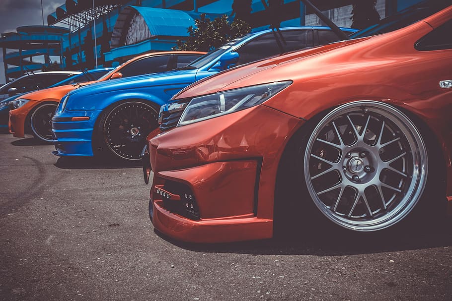 three, cars, parked, front, building, body kit, car, car wallpaper, custom, low suspension