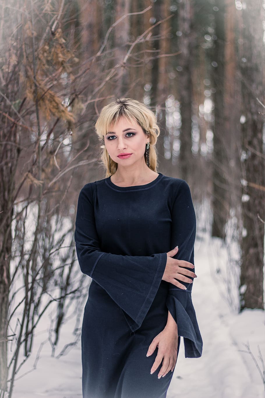 woman, black, long-sleeved, dress, surrounded, bare, tree, daytime, winter, forest