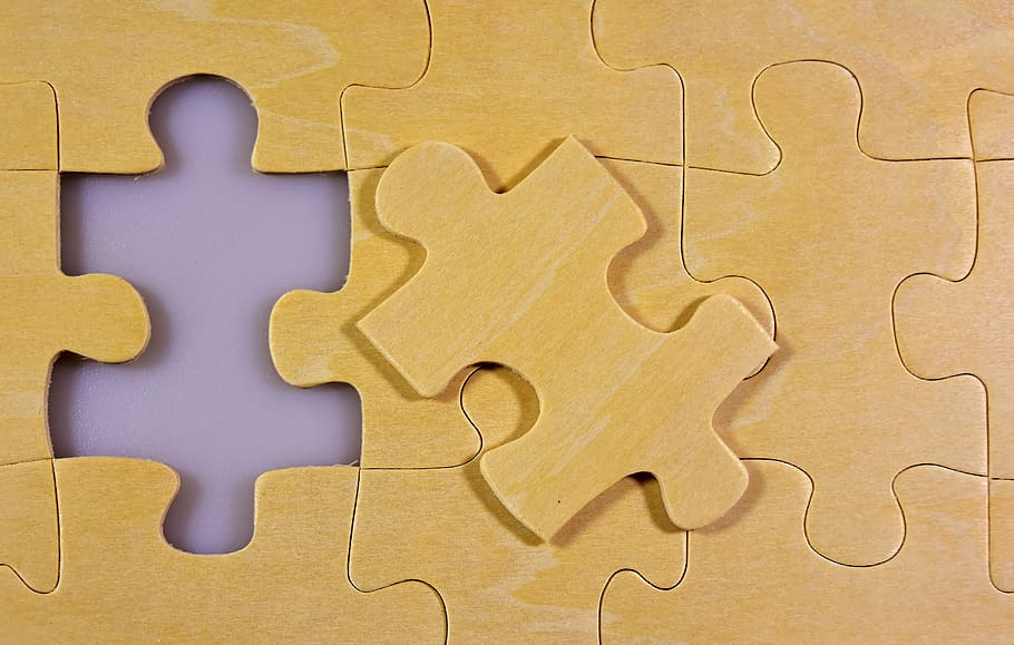 yellow puzzle piece, puzzle, last part, wood, joining together, insert, share, fit, piecing together, play