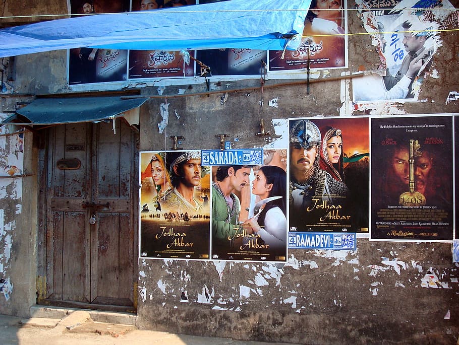 sortido, cartaz do filme, parede, cartazes de bollywood, cartaz, bollywood, índia, filmes, publicidade, panfleto
