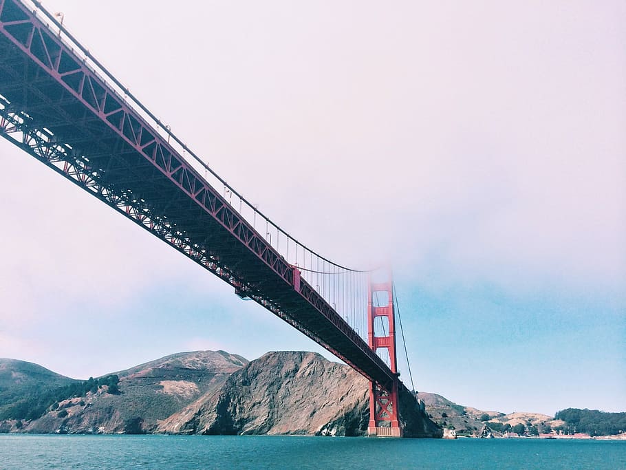 bajo, ángulo de fotografía, dorado, puente de la puerta, ángulo bajo, foto, puente Golden Gate, puente - Estructura artificial, puente colgante, condado de san Francisco