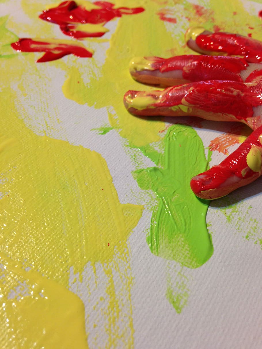 yellow, green, paint, canvass, red, person, hand, red paint, colors, child's hand